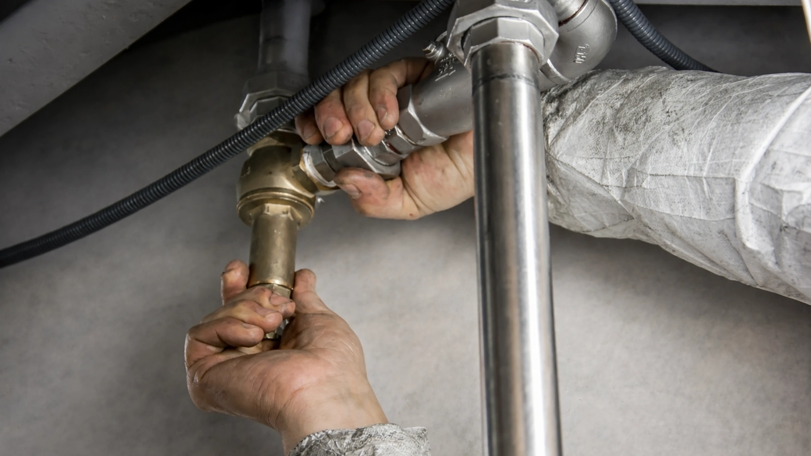 Plumber working on residential piping system